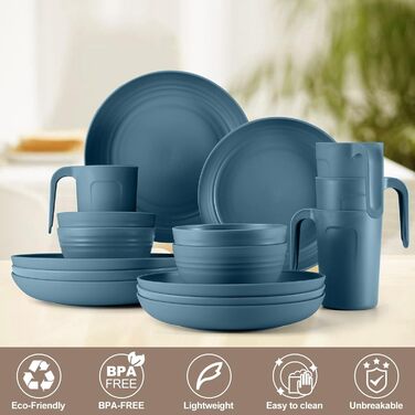 Набор пластиковой посуды для кемпинга на 4 персоны, 17 предметов, синий Odoland