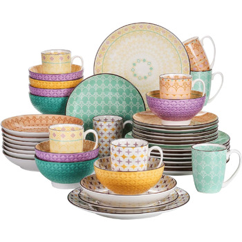 Порцеляновий набір посуду Haruka, 48 шт. Комплект круглий комбінований сервіз на 12 осіб, включає чашки, миски, десертні тарілки та обідні тарілки (тюльпан, обідній сервіз із 40 предметів)