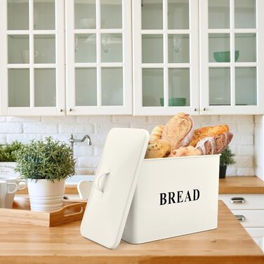 Хлібниця Herogo er, дуже велика металева хлібниця для кухні, вінтажна висока тримач для хліба з кришкою, компактний контейнер для зберігання хліба для стільниці, вміщує 2 хліби, 33 x 24,5 x 19 см (кремовий колір)