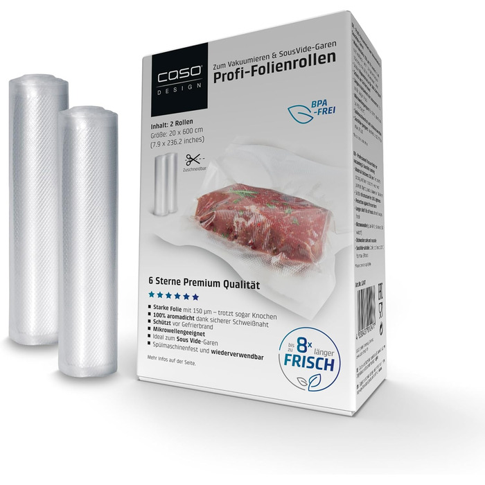 Професійні плівки CASO 6-зіркові 20x30 см, 50 вакуумних пакувальників для всіх вакуумних пакувальників, міцні та стійкі до розривів, приблизно 150 мкм, вакуумний пакувальник харчових продуктів, без BPA (20x600 см, рулони)
