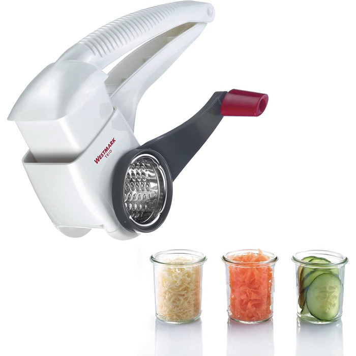 Барабанна терка/рубанок Westmark з 3 ріжучими барабанами та вбудованим плунжером, нержавіюча сталь/пластик, тріо, білий/антрацит, 11722260 (з лущильником)