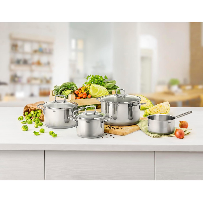 Набір посуду Silit Extra Cook 4 предмети каструлі 12/14 см зі скляною кришкою, внутрішня шкала, широкий обід для зручного зливання, нержавіюча сталь Crominox, для невеликих порцій, компактне зберігання, посуд не проливається. Набір посуду 4 предмети.