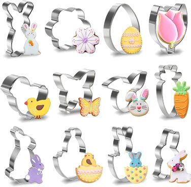 Формочки для печива Alintor, 12 шт. , виготовлені з нержавіючої сталі, металеві, формочки для печива для наповнення адвент-календаря, набір для випікання фонданового печива, прикраси торта (Великдень)