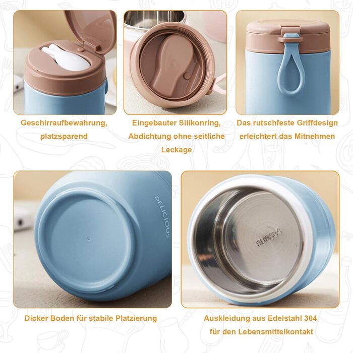 Стаканчик для пластівців Chedin з кришкою, стаканчик для каші з нержавіючої сталі 730 мл, герметичний стаканчик для йогурту з ложкою та кришкою, двошарові герметичні банки Мейсон, ідеально підходять для роботи (сині)