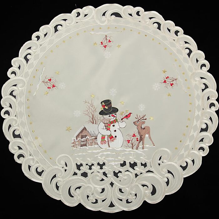 Різдвяна скатертина/доріжка HanaQi зі сніговиком та оленями, зимовий пейзаж з ажурною вишивкою, поліестер, колір екрю/кремовий - розмір на вибір (приблизно 38 x 108 см, овальна) (58 см (кругла))