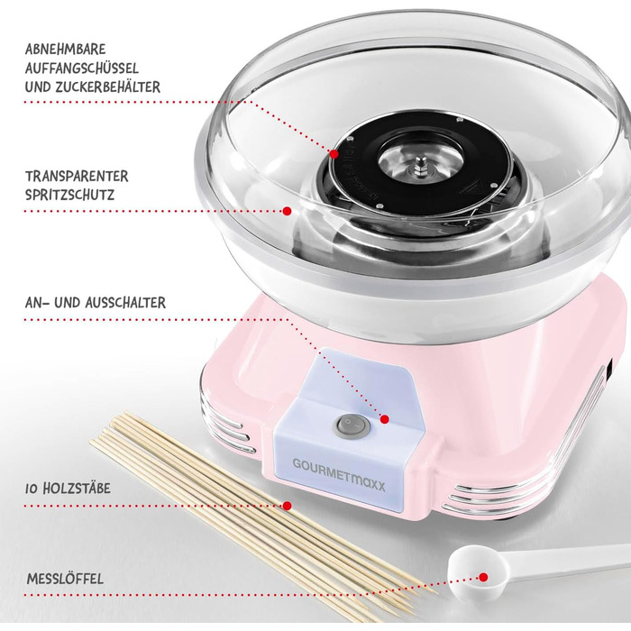 Апарат для виробництва цукрової вати GOURMETmaxx для дому з аксесуарами Ретро-апарат для виробництва цукрової вати Ностальгія з паличками для цукрової вати та мірною ложкою Цукрова вата для дитячих свят Білий (Рожевий)