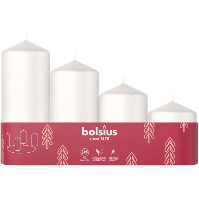 Свічки Bolsius Smooth Pillar - Набір з 4 шт. - Різні розміри - Декоративні побутові свічки - Тривалий час горіння - Без запаху - З натуральним рослинним воском - Без пальмової олії - Різні розміри (білі, різні розміри)