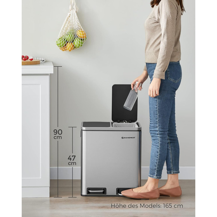 Кухонний контейнер для сміття SONGMICS, 2 x 15 літрів, система розділення сміття, 2 відділення, включаючи 15 мішків для сміття, відро для сміття, відро для сміття з педаллю, перероблені відходи, органічні відходи, кришка з мяким закриттям, LTB30BK (метале