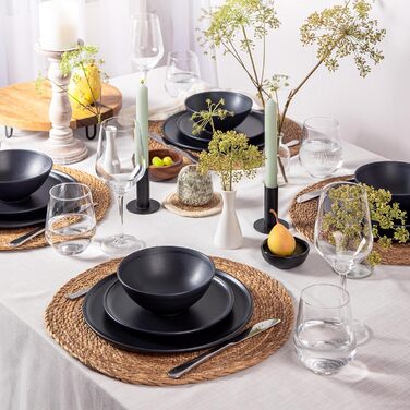 Набір посуду із керамограніту на 6 персон, 18 предметів, чорний матовий Nortea