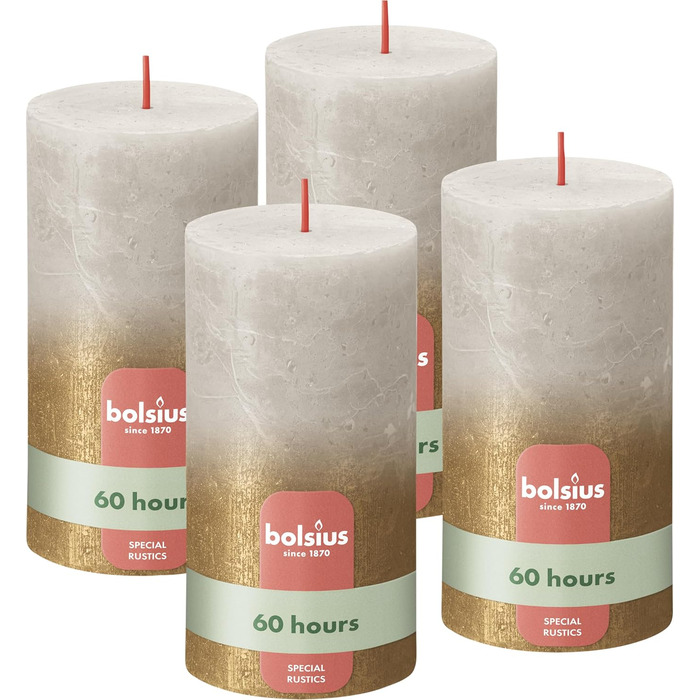 Свічки Bolsius Rustic Pillar - Металеві, що згасають - Рожево-червоні - Упаковка з 4 шт. - Тривалий час горіння 60 годин - Без запаху - Містить натуральний рослинний віск - Без пальмової олії - 13 x 7 см (13 x 6,8 см, Піщано-сірий та золотистий)