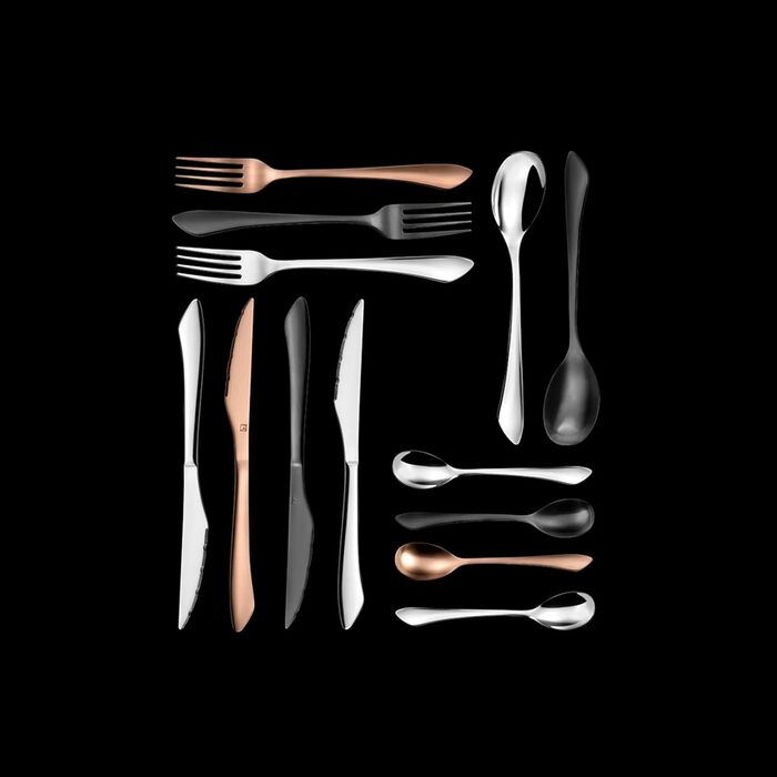 Набір столових приборів Amefa INSTINCT 4 персони 16 шт. Столові прибори PVD чорні матові у вінтажному стилі Набір столових приборів 4 персони нержавіюча сталь 18/0 матова 4 шт. столова виделка, столовий ніж, столова ложка та чайна ложка чорна по 16 шт.
