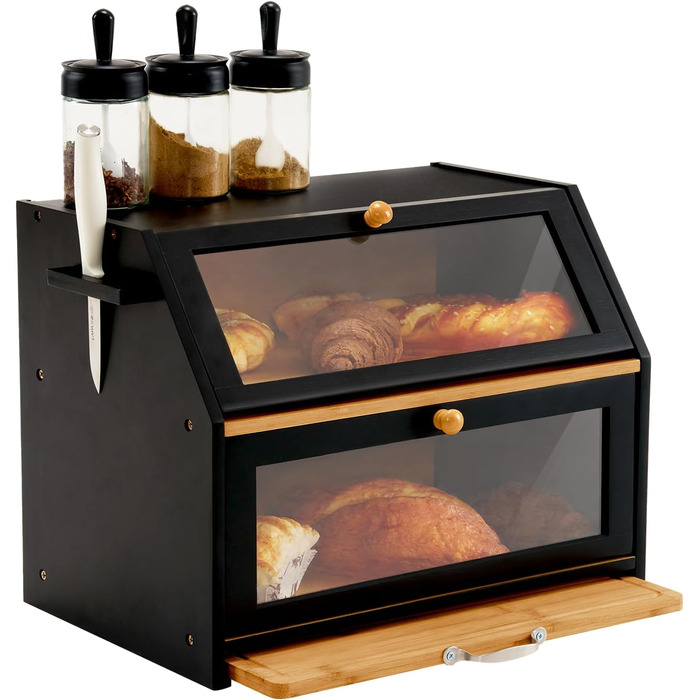 Хлібниця з обробною дошкою з бамбука чорна 39 x 26 x 32,5 см YOUDENOVA