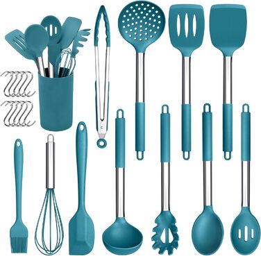 Набір силіконових кухонних гаджетів Herogo, набір кухонного посуду з 22 предметів Набір кухонних столових приборів із тримачем для посуду, термостійке кухонне начиння з ручкою з нержавіючої сталі, антипригарне та здорове (синій)