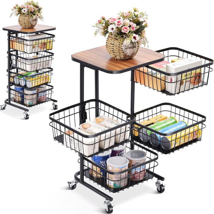 Кухонная тележка APEXCHASER, вращающаяся тележка, 4-уровневая многослойная кухонная полка с колесиками, контейнер для хранения, поворотная корзина для фруктов для кухни, гостиной, офиса, черный