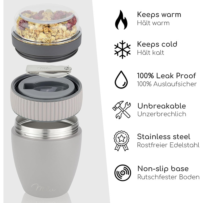 Стаканчик для пластівців Milu на винос 400 мл з назвою MsliMax для йогурту герметичний стаканчик з ложкою (сіро-коричневий, нержавіюча сталь)