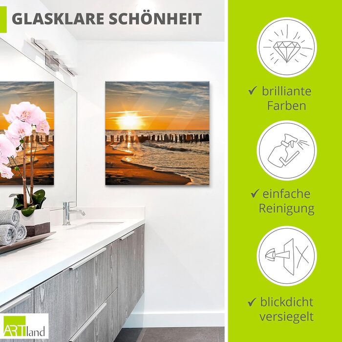 Настінний декор ARTland скляні картини настінна картина скляна картина цільна 40x40 см квадрат пляж море сонце Кариби природа пейзаж узбережжя схід сонця морський S7LE (Гарний захід сонця, 30Д x 30Ш см)