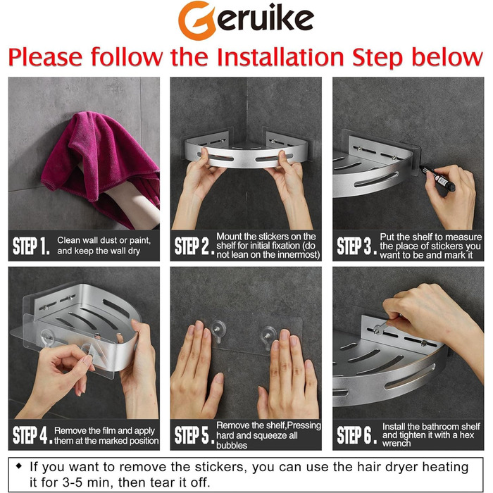 Полка для душа самоклеящаяся угловая, набор 2 предмета, серебристый матовый GERUIKE