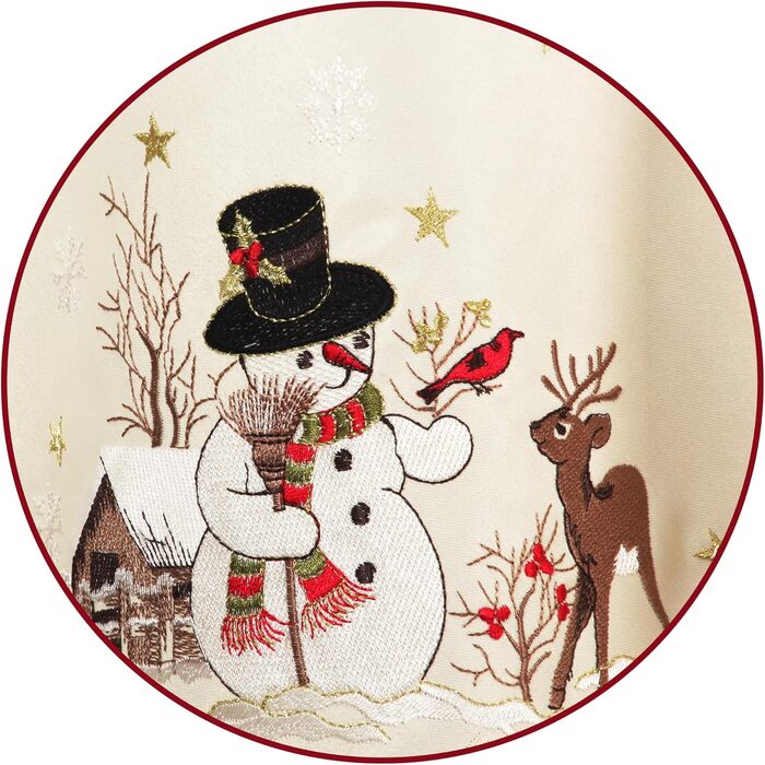 Різдвяна скатертина/доріжка HanaQi зі сніговиком та оленями, зимовий пейзаж з ажурною вишивкою, поліестер, колір екрю/крем - розмір на вибір (приблизно 38 x 108 см, овальна) (160 x 28 см (овальна))