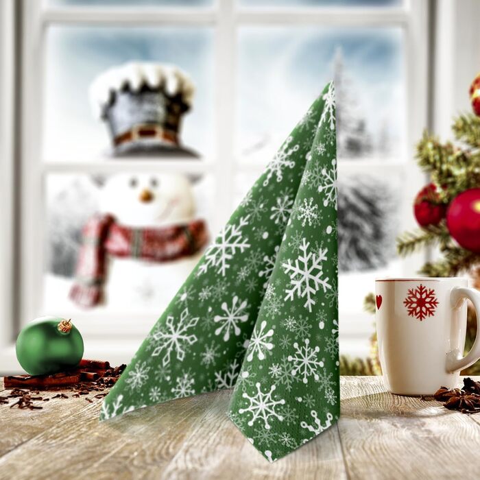 Серветки 3-шарові (33 x 33 см) I 20 шт. I Різнокольорові паперові серветки, ідеальні для різдвяного столу I Серветки - Різдво, зима, зірки, сніг, сніговики I (Різдвяні сніжинки зелені)