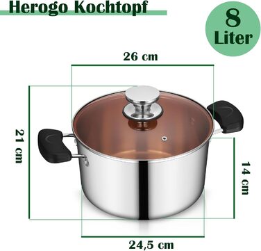 Каструля Herogo Cooking Pot, каструля з нержавіючої сталі зі скляною кришкою, 5-літрова каструля для пасти для всіх плит, міцна та здорова, можна мити в посудомийній машині (1,26 см)