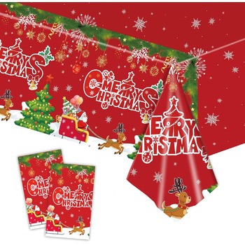 Різдвяні скатертини, одноразові різдвяні скатертини, великі прямокутні скатертини у формі Санта-Клауса, сніговика, обідні скатертини для різдвяної вечірки (137 x 274 см) (червоний фон олені), 2