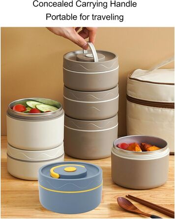 Термоконтейнер Tissting з ручкою, контейнер для гарячого обіду на 420 мл, коробка для обіду Bento, двошаровий портативний термоконтейнер круглої форми з нержавіючої сталі 304 (доступна для мікрохвильової печі білий)
