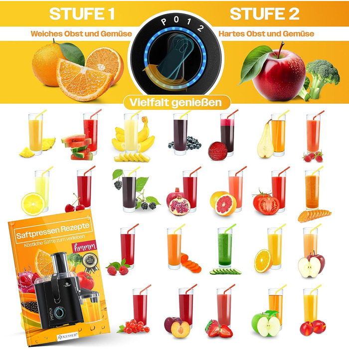 Соковижималка KESSER для фруктів і овочів з нержавіючої сталі 1100 Вт великий завантажувальний отвір 85 мм з щіткою для чищення та контейнером для соку 3 режими швидкості, соковижималка, сріблястий (чорний)