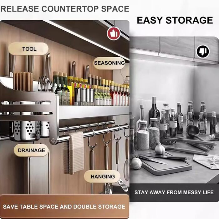 Настінний органайзер для кухонного приладдя 80 см срібний GMTstore