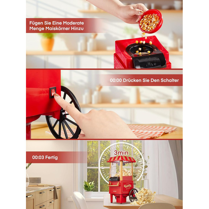 Машина для попкорну 3,5 л у вигляді візка, 1200 Вт, червона HOUSNAT