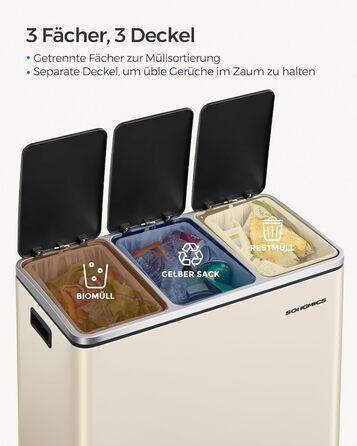 Кухонний кошик для сміття, 3 x 18 л, система розділення сміття, 3 відділення, включаючи 15 мішків для сміття, відро для сміття, відро для сміття на педалі, для перероблених відходів, органічних відходів, з кришкою, LTB54BK (пісочно-бежевий)