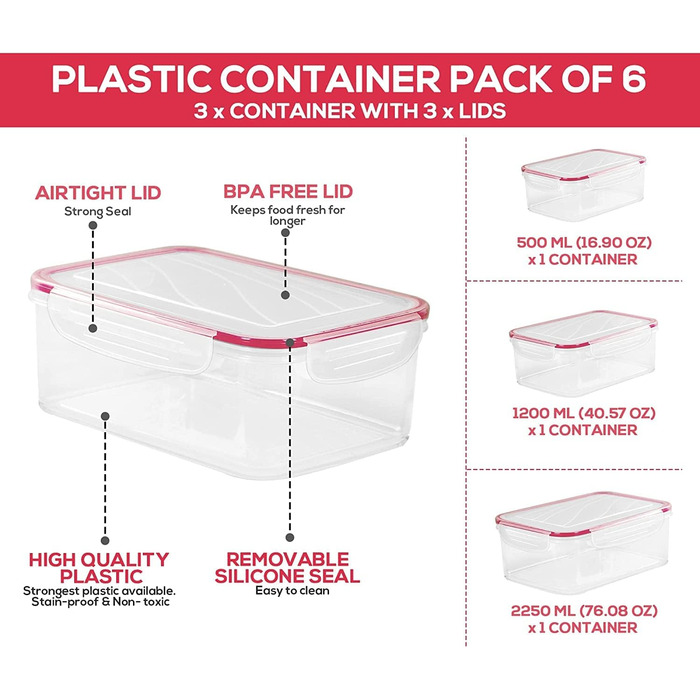 Банок для зберігання з кришками (9 контейнерів, 9 кришок) Контейнери для зберігання продуктів для кухні, кухонний органайзер без бісфенолу А (6 упаковок, червоний), 18