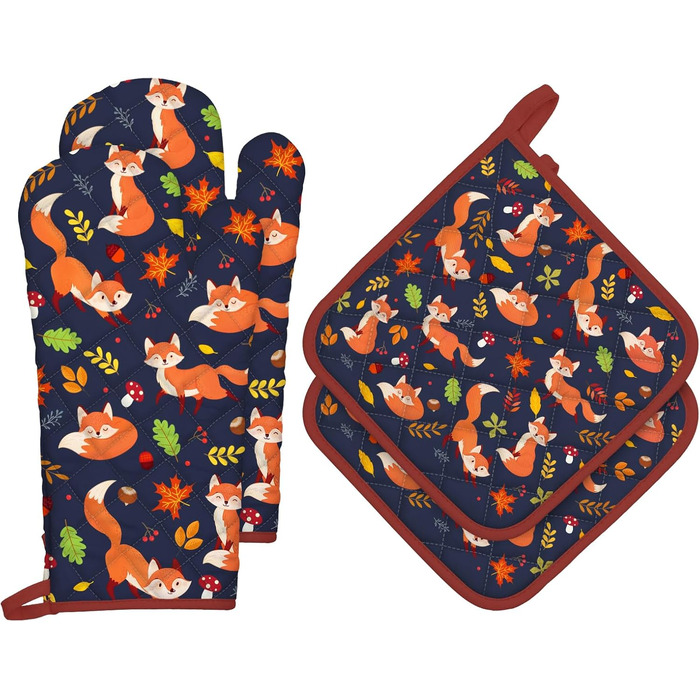 Набір з 2 кухонних рукавиць Arquiel з тримачем для каструлі Gnome Autumn Orange Checked, 100 бавовняні кулінарні рукавички, термостійкі кухонні рукавички для приготування їжі, осінній декор, подарунки для жінок (осіння лисиця, 2 кухонні рукавички 2 тримач