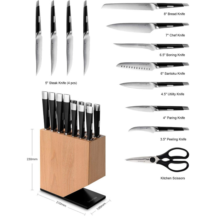 Набор ножей Linoroso из 12 предметов Набор многофункциональных кухонных ножей Ultra Sharp из высокоуглеродистой немецкой нержавеющей стали с изысканным блоком ножей из бука - Набор кухонных ножей серии MAKO из 12 предметов