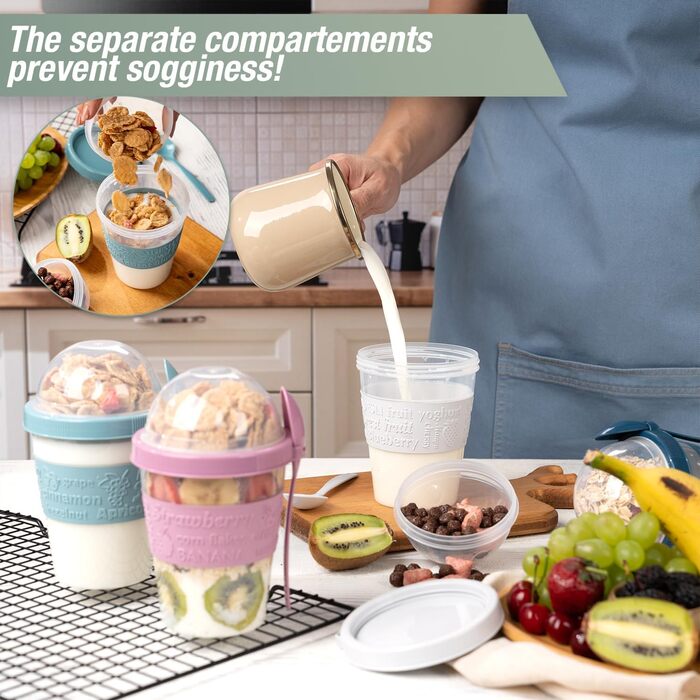 Стаканчики EYNEL для пластівців та йогурту з кришкою та ложкою, багаторазові пластикові парфе, молочний сніданок, хрусткі пластівці, вівсянка, смузі, перекус, чаша (4 кольори (набір з 5 кольорів - 2))