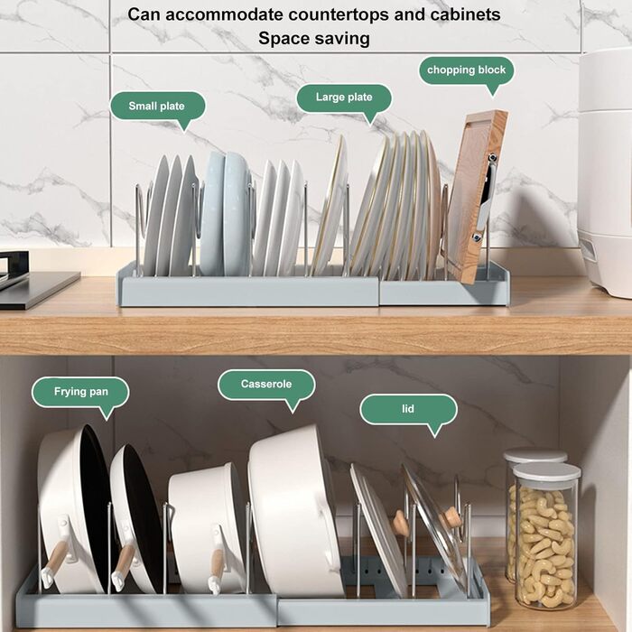 Розширюваний органайзер для каструль, органайзер для каструль та сковорідок, нековзний, регульований розмір, багатоцільовий органайзер для каструль у шафі з 7 тримачами для кухонь, офісів, ресторанів (сірий)