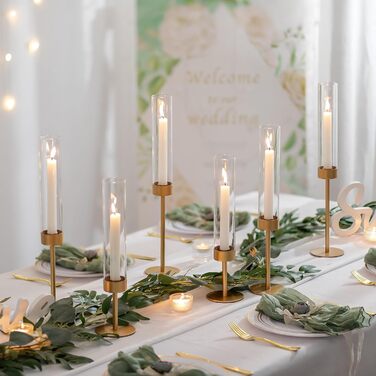 Підсвічник Sziqiqi для конічних свічок конічний підсвічник зі скляним циліндром для весільного декору - вінтажний підсвічник зі скляним ліхтарем для вітальні, прикраси різдвяного столу на відкритому повітрі (золотий, 6)