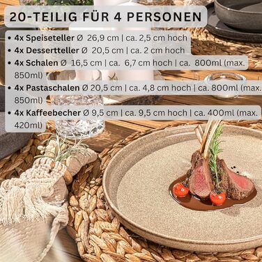 Комбінований сервіз на 6 персон, набір тарілок кавовий кухоль макаронна миска 30 шт. , набір посуду з кераміки посудомийна машина - мікрохвильова піч - стійкий до подряпин, набір посуду з кераміки КОЛЕКЦІЯ ЦІННОСТЕЙ (Каїр, комбінований сервіз 20 шт.)