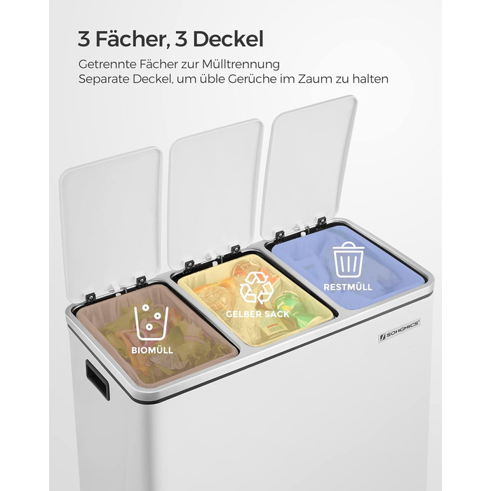 Кухонний контейнер для сміття SONGMICS, 3 x 18 л, система розділення сміття, 3 відділення, включаючи 15 мішків для сміття, відро для сміття, відро для сміття з педаллю, для вторинної переробки, органічні відходи, з кришкою, LTB54BK (білий хмара)