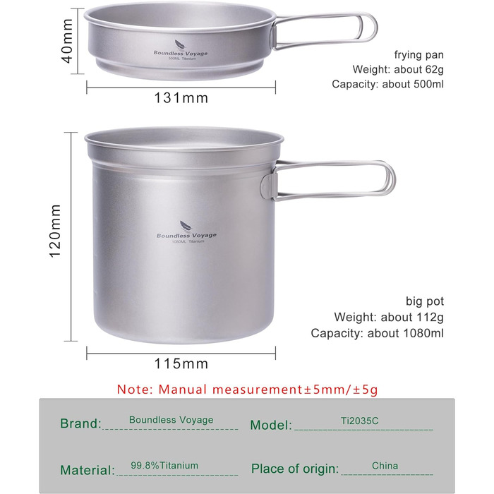 Набор посуды для кемпинга Boundless Voyage Набор титановых кастрюль со складной ручкой Уличная посуда Кастрюли Сковороды Сковорода Посуда для пикника (Ti1586B)