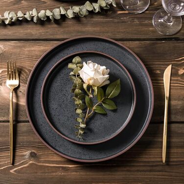 Набір посуду LeRatio для 6 осіб, 18-предметний набір керамічного посуду, керамічна миска та тарілка, стійка до подряпин (антрацитовий сіро-коричневий обідок з цятками, набір з 18 предметів) 18-предметний набір антрацитовий сіро-коричневий обідок з цятками