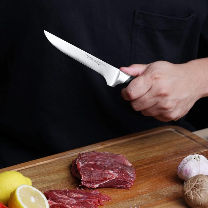 Ніж для чищення овочів linoroso 9 см Ніж для чищення овочів Гострі ножі для фруктів Кухонні ножі Маленькі кухонні ножі Німецькі поковки з вуглецевої сталі Ергономічна ручка з елегантною подарунковою коробкою - Classic Series (5.7-дюймовий обвалочний ніж)