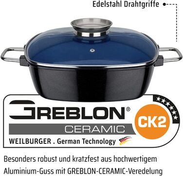 Квадратна жаровня GSW Ceramica високоякісна жаровня з кришкою, ідеально підходить для тушкування, приготування на пару та смаження, також підходить для індукції та використання в духовці синя, литий алюміній, 5 літрів