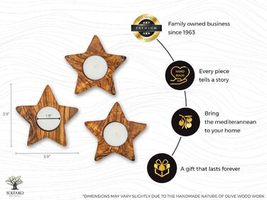 Высококачественные деревенские подсвечники из эксклюзивного оливкового дерева Набор из 3 шт. - Ручная работа - Подсвечник на День святого Валентина из дерева - Держатель для чайной свечи - Украшение стола - Набор украшений для дома 3 звезды