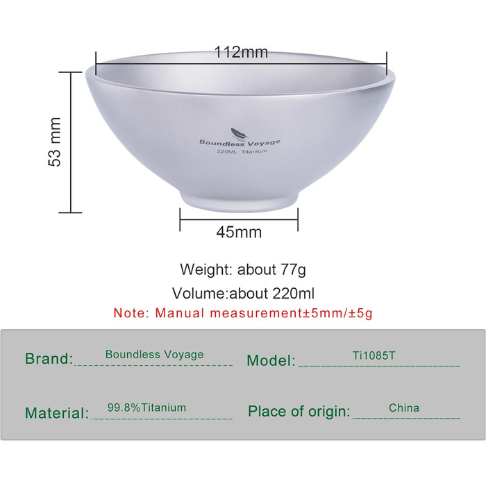 Безграничный Voyage Титановая чаша с двойными стенками для взрослых Детская посуда для кемпинга на открытом воздухе Чаша для риса из титана (220 мл-ti15147b.)