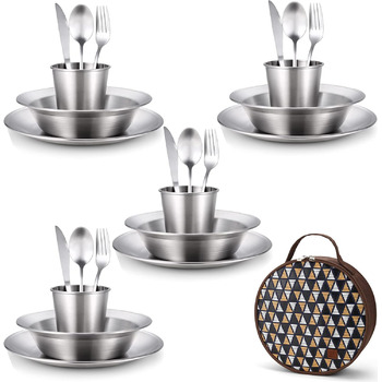 Набір столових приборів Odoland Camping Набір посуду 13 шт. Обідній сервіз з нержавіючої сталі з футляром, ножем, виделкою, ложкою, тарілкою, кавовою кружкою Ідеально підходить для подорожей на свіжому повітрі Походи Кемпінг (для 4 осіб)