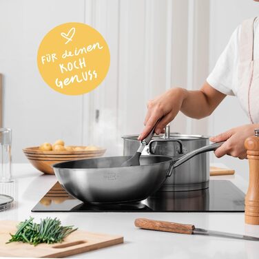 Сковорода вок індукційна 28 см - Сковорода вок з нержавіючої сталі для фритюру та смаження - Для всіх типів плит - Жароміцна до 400C (з покриттям, вок 28 см)