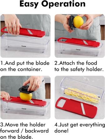 В 1 Многофункциональная мандолина Овощерезка, Лукорезка Овощерезка Ручная терка для сыра Жульен Слайсер для огурцов, терка для овощей Терка для яблок Картофельная ломтерезка Квадратная терка, (красная), 4