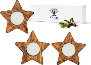 Высококачественные деревенские подсвечники из эксклюзивного оливкового дерева Набор из 3 шт. - Ручная работа - Подсвечник на День святого Валентина из дерева - Держатель для чайной свечи - Украшение стола - Набор украшений для дома 3 звезды