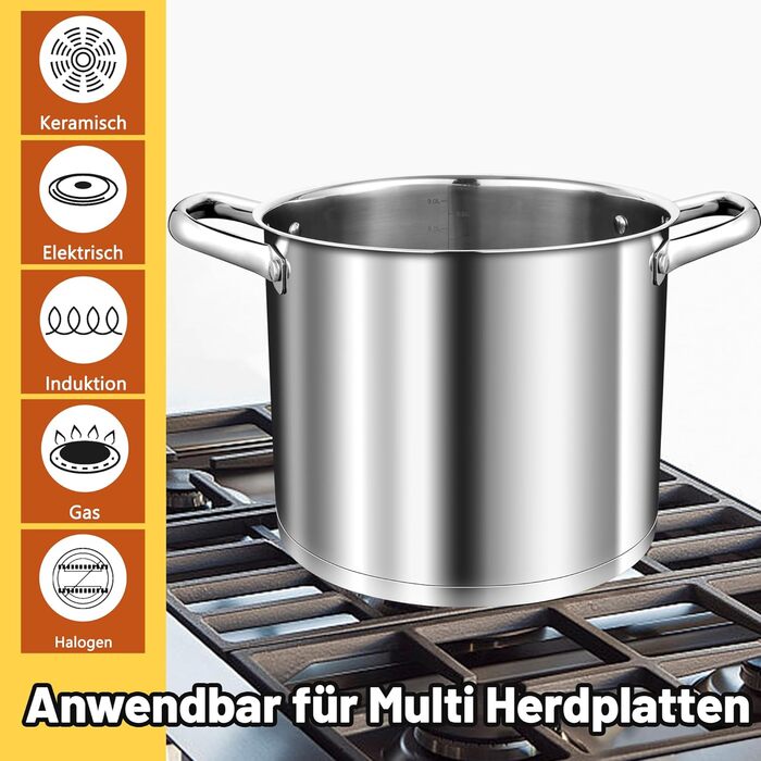 Велика каструля TEAMFAR, каструля з нержавіючої сталі, індукційна плита, скляна кришка, 3-шарове дно для всіх типів плит, каструля для пасти 26 см, каструля для м&39яса, без покриття та нетоксична, можна мити в посудомийній машині (10 літрів)