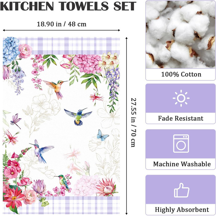 Кухонні рушники, бавовна, 4 упаковки, кухонні рушники, 100 бавовна. Осінній набір кухонних рушників. Багатоцільовий високоякісний набір кухонних рушників для сушіння. Рушники 50 x 70 см (пташки та квіти)